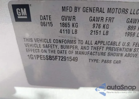 2015 Chevrolet Cruze 2Lt Auto из США, поврежденный, VIN 1G1PE5SB5F7291549